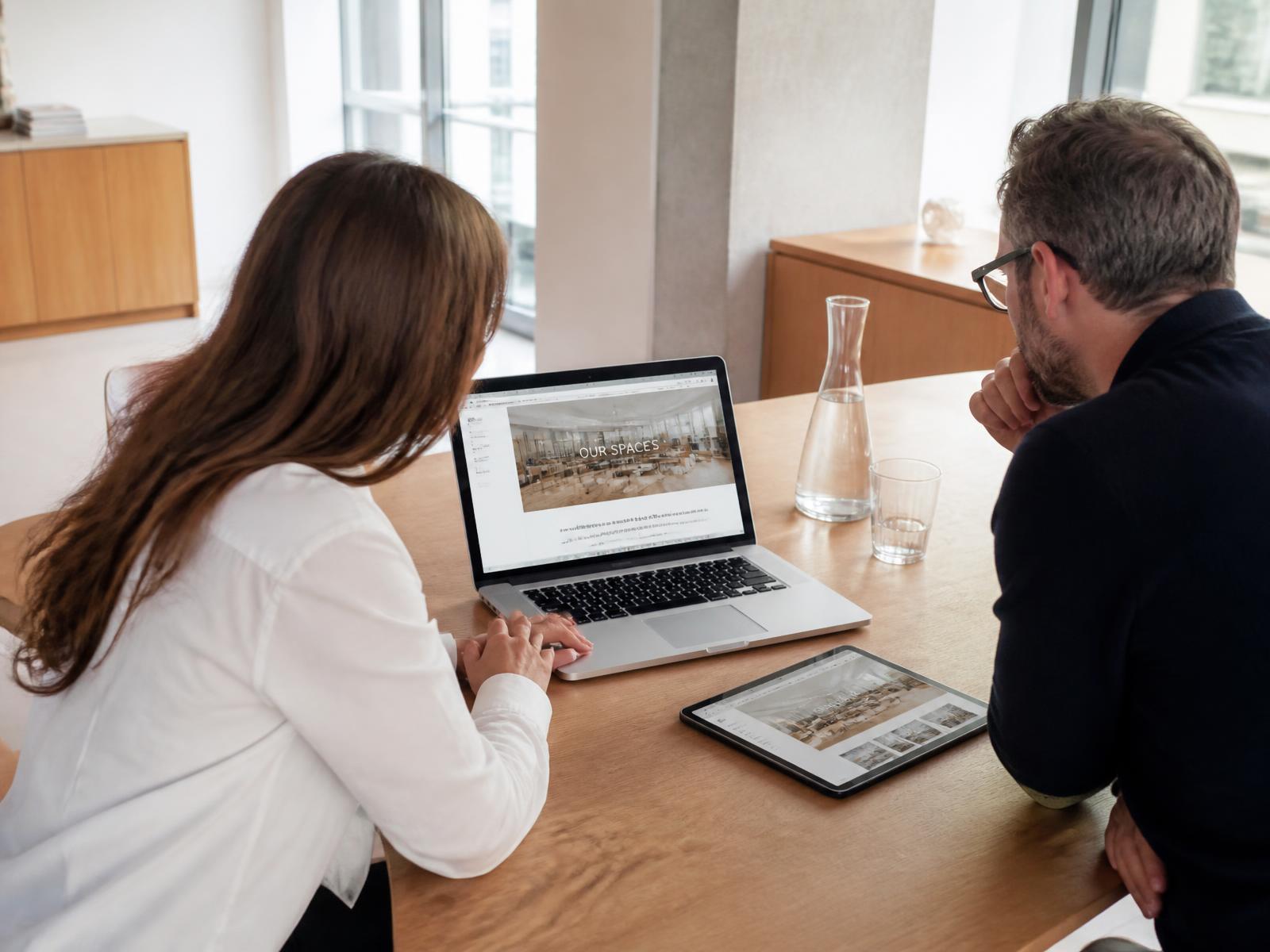 Zwei Personen besprechen einen Website-Entwurf an einem Eichentisch im Tageslicht
